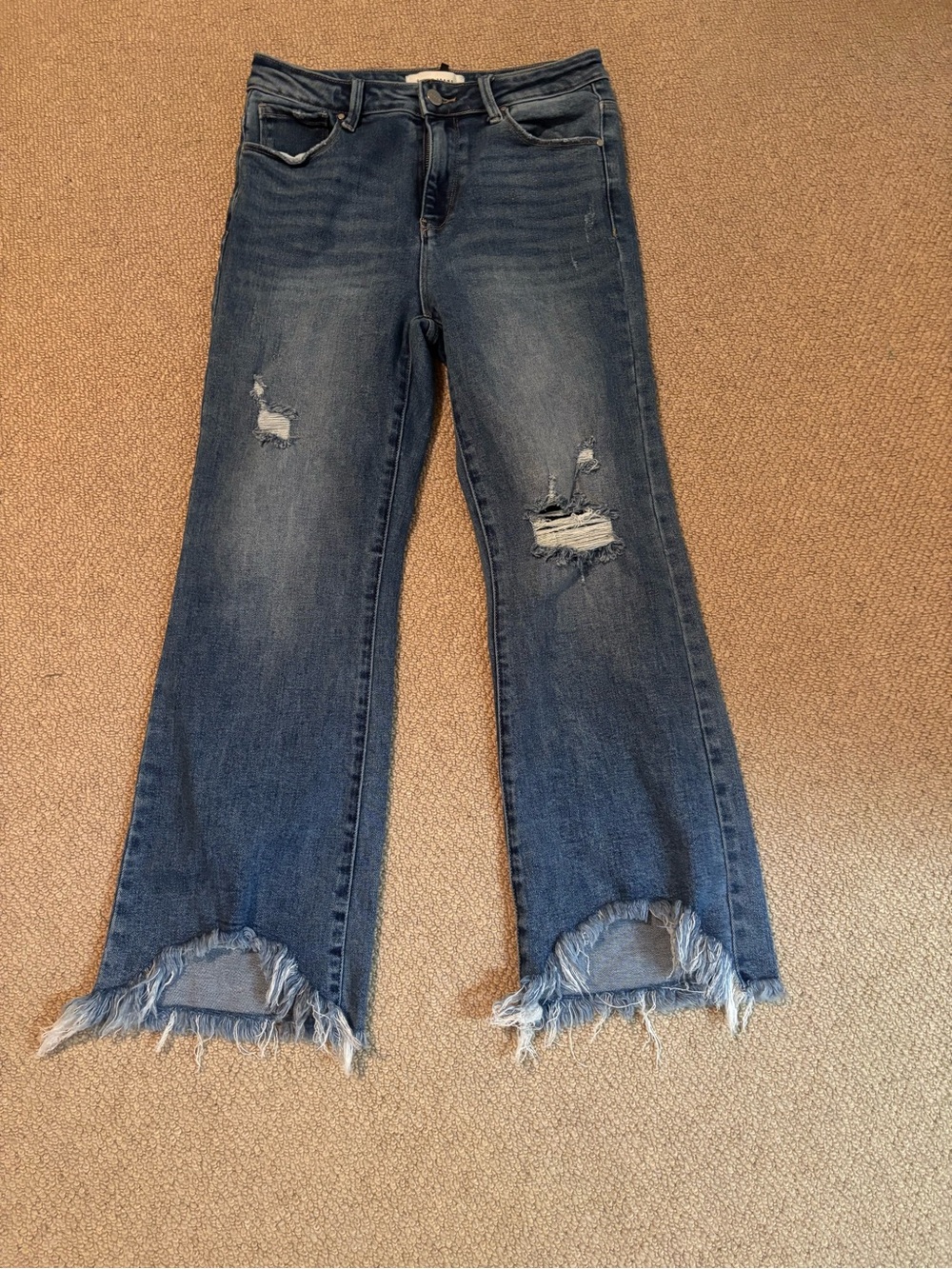 Women's Distressed Dark Blue Cropped Jeans with Frayed Hem